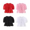 Women Summer Casual Cropped Tops O-neck Puff Short Sleeve Pullover Tops Ruffle Hem Back Lace-up Solid Color Thin Tees