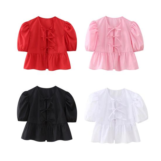 Women Summer Casual Cropped Tops O-neck Puff Short Sleeve Pullover Tops Ruffle Hem Back Lace-up Solid Color Thin Tees