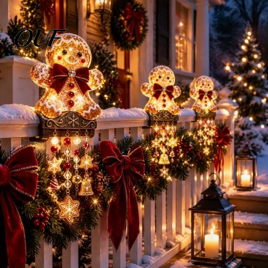 Warm Winter Night Decorations Lighted Christmas Railing Figurine, Cute Santa/Elk/Penguin/Gingerbread Cascading Holiday Lights Water Flowing