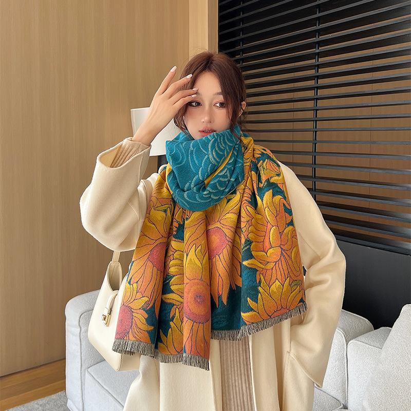 New Oil Painting Imitation Cashmere Scarf for Women Autumn and Winter Warm Fashion Design Shawl Thickened Versatile Scarf
