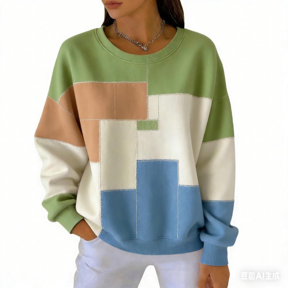 אופנת אביב שילוב צבעים חולצת טי לנשים קז'ואל הדפס וינטג' פולאובר לנשים בגדי שרוול ארוך קז'ואל בחוץ חולצות טי עליון