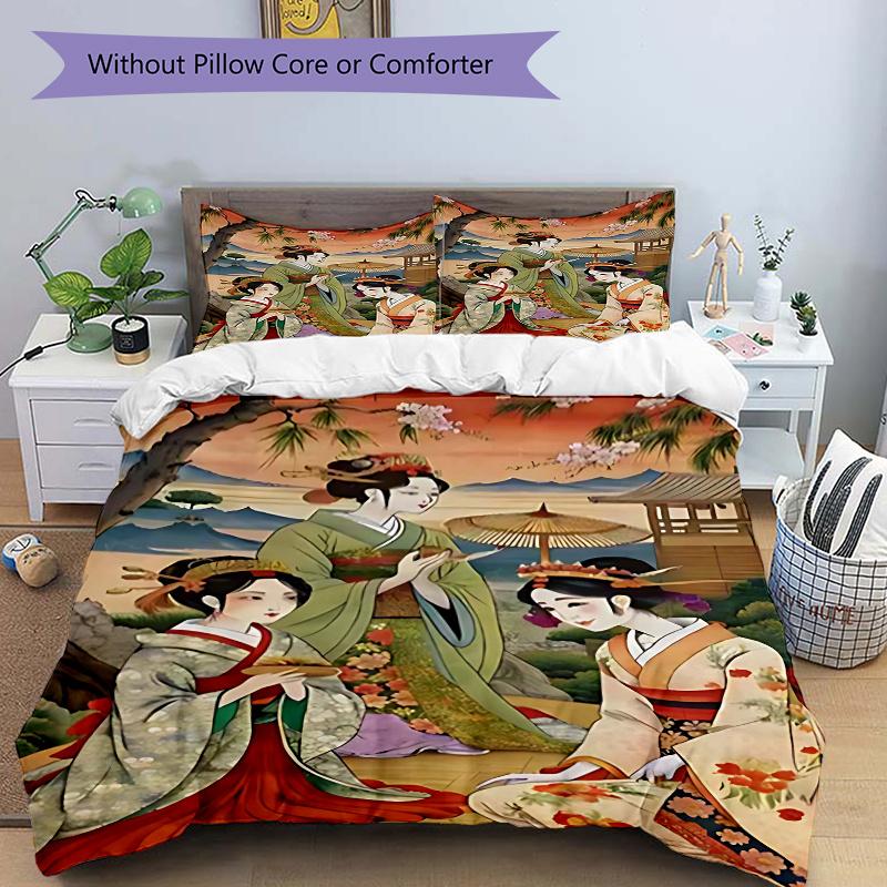 

3pcs Anime Kimono Geisha Comforter Set with One Quilt Cover and Two Pillowcases (No Core) - Home Decor, Festival Gift, Polyester Fabric, Anime Cartoon 135x200cm
