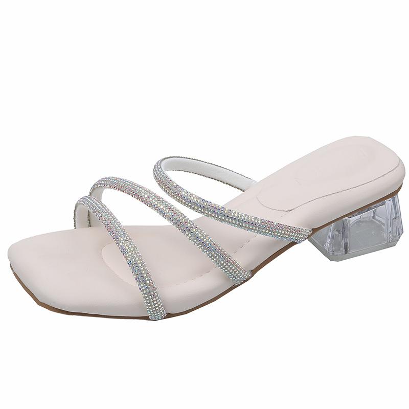 French High-heeled Slippers for Women's Summer Wear 2024 New Rhinestone Small Fragrant Transparent Word with Thick Heel Crystal Sandals