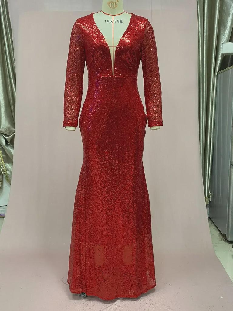 2025 Červené Třpytivé Šaty s Rybím Ocasem, Dlouhým Rukávem a Výstřihem do V pro Ženy