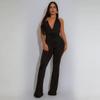 Strappy Deep V Halter Solid Color Jumpsuit - Women's Fashion Europe America Style