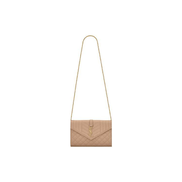 Saint Laurent Ysl Monogram Gold Logo Grainy Embossed Quilted Chain Leather Wallet Shoulder Bag Women bags Dark-Beige 620280-BOW91-2721
