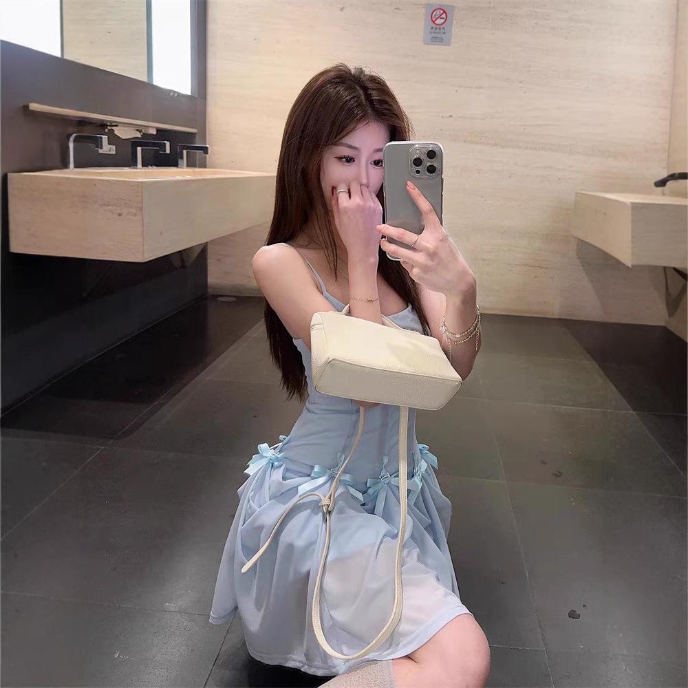 French sweet girl style bow suspender dress for women's summer design sense, wear more A-shaped skirts, blue short skirts