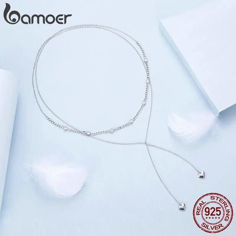 BAMOER 925 Sterling Silber Schmuck Doppellagiger Liebesherz-Halskettenanhänger Weißgold vergoldet zierlicher Halsreif für Frauen Mädchen