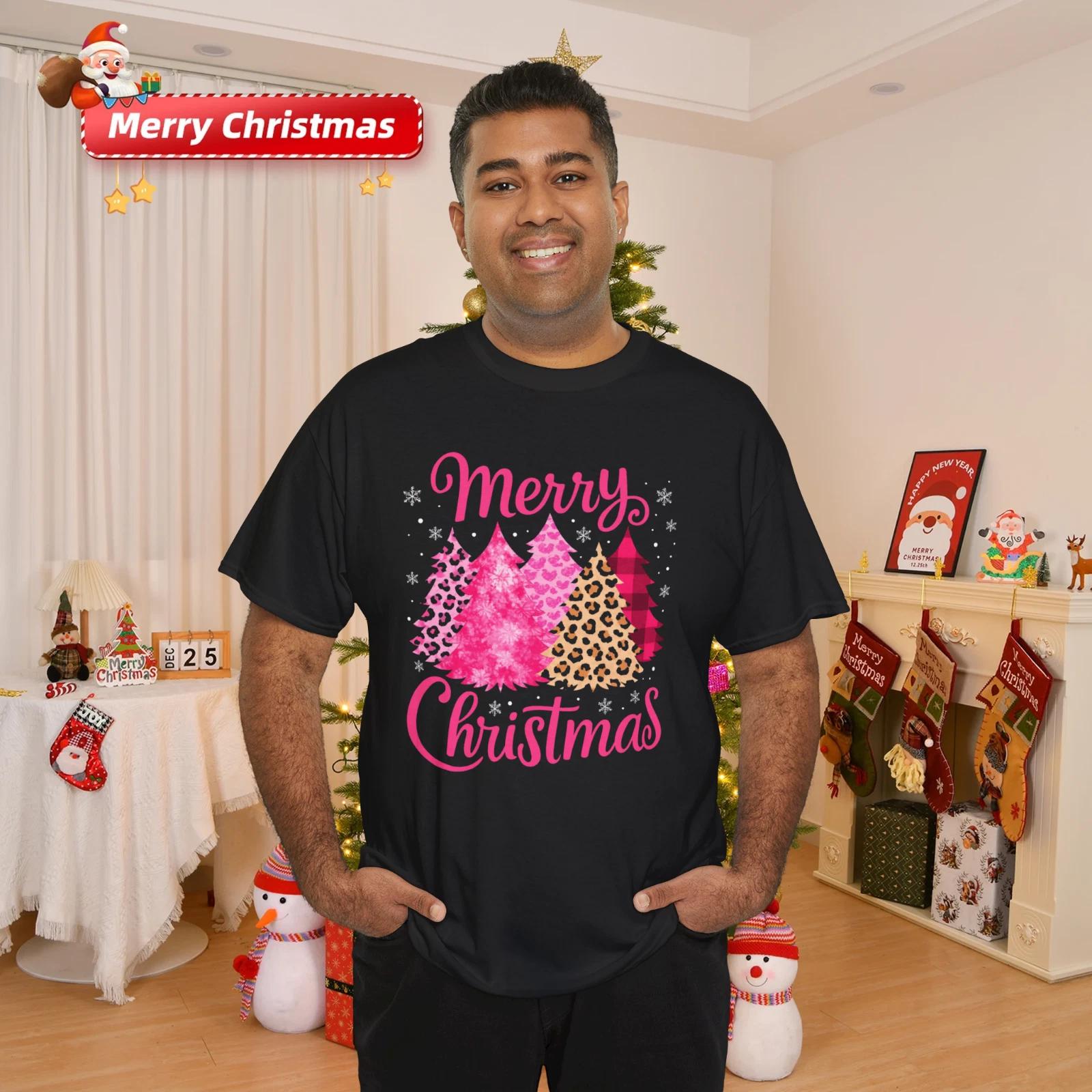 Pink Christmas Tree Funny Xmas Leopard Matching Family Unisex T- Shirt M