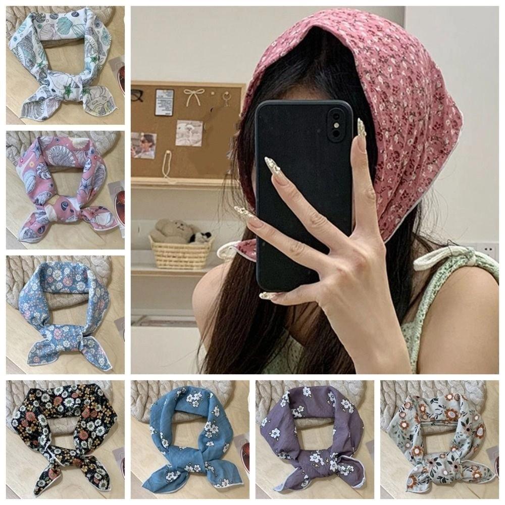 Sunscreen Small Square Scarf Hair Band Printed Silk Scarf Retro Flower Print Scarves  Daily