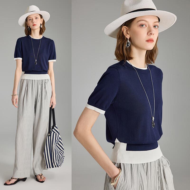 Wudao Tencel Silk Blend French Style Round Neck Color-block Knitted T-Shirt L