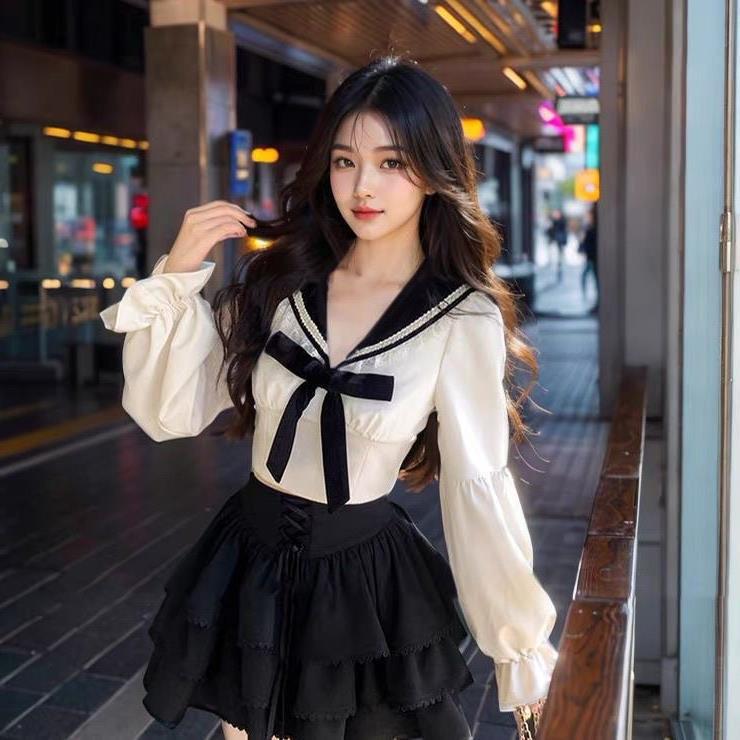 Korejský preppy mašle námořnický top s dlouhým rukávem a midi sukně s vysokým pasem set