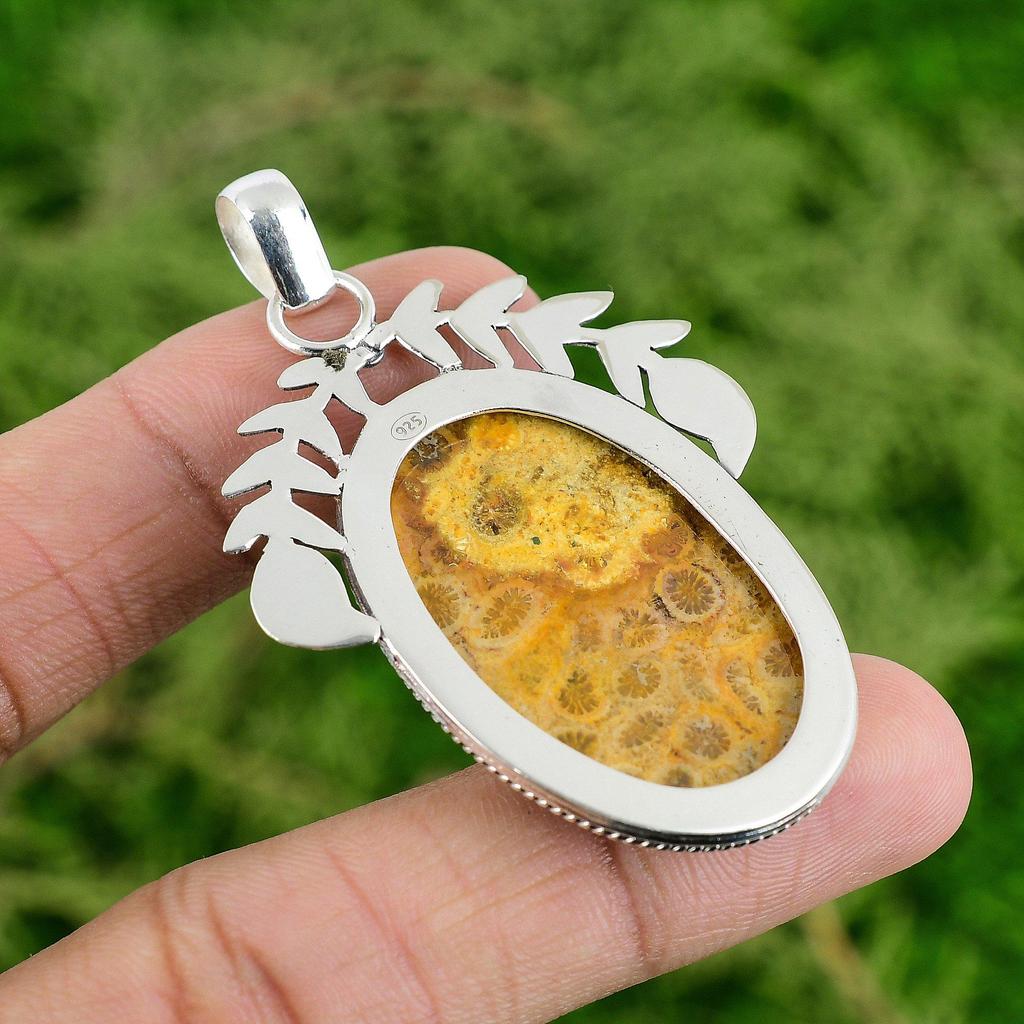 Daughters Day Sale Natural Fossil Coral Wife Pendant Jewelry 925 Sterling Silver