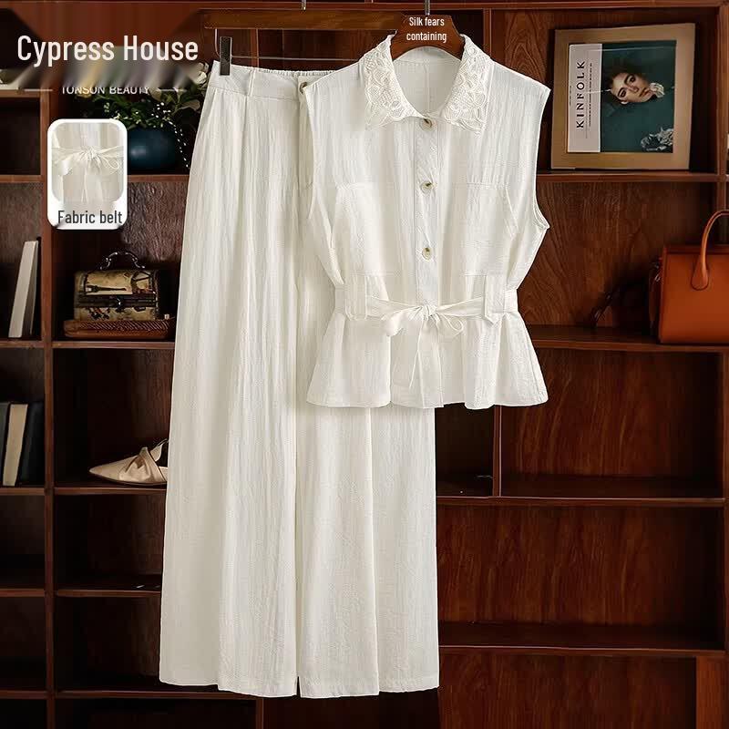 Women s Summer Lapel Sleeveless Two-Piece Set XL льняной бежевый