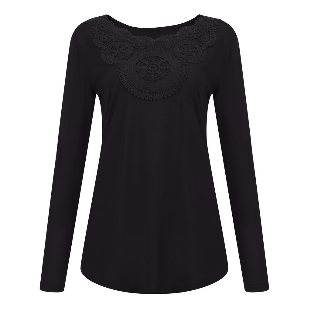 Fashion Women's  Long Sleeve Round Neck Lace Loose Soft Comfortable Elastic Tops