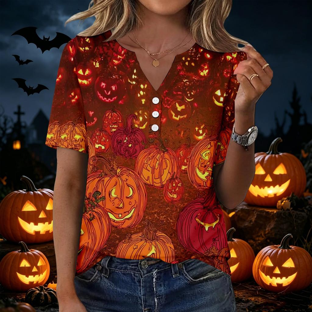 Women's Halloween Print Loose Fit V Neck Short Sleeve Top with Pocket Casual Shirt for Everyday Wear