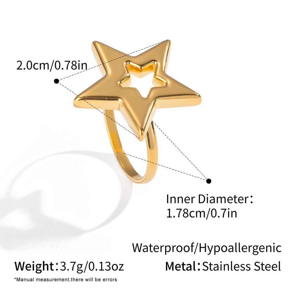 Bague Ouverte Géométrique Creuse Étoile à Cinq Branches Yori Métal Imperméable Dorée 18K Simple Quotidienne Bijou de Haute Qualité Cadeau