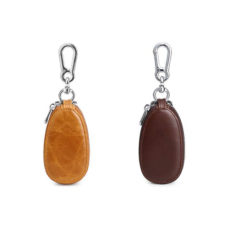 Vintage Unisex Leather Key Case with Double Zipper and Multi-Function - Soft Surface Oil Wax, Car Key Holder, Genuine Cowhide