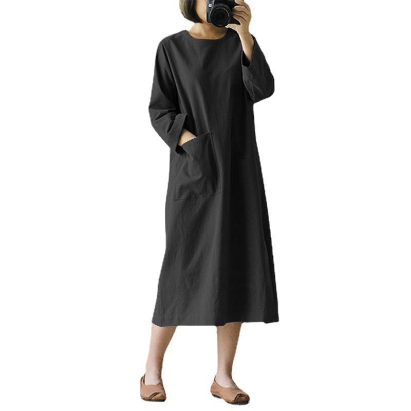 Duży rozmiar średniej długości bawełny i lnu jednolity kolor artystyczna retro sukienka z długimi rękawami dla kobiet