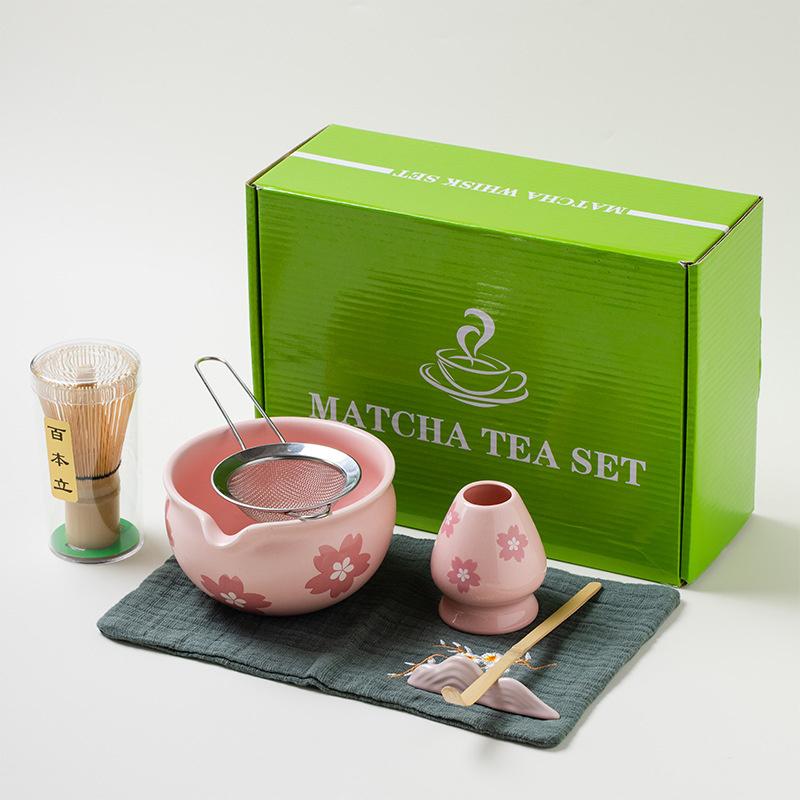 4-7pcs Set Ceramic Matcha Bowl Large Capacity Smooth Matcha Whisk Stand High Temperature Resistant Tea Salad Soup Bowl