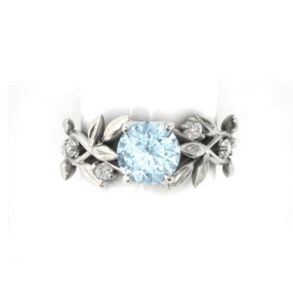 Elegant Princess Olive Leaf Engagement Ring Set with Diamond and Blue Zircon for Women