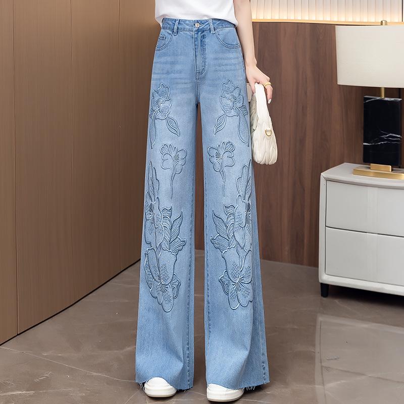 Women's High-Waisted Light Blue Denim Wide-Leg Pants with Rhinestone Embroidery - 2026 Spring/Autumn Chinese Style Slimming Casuals