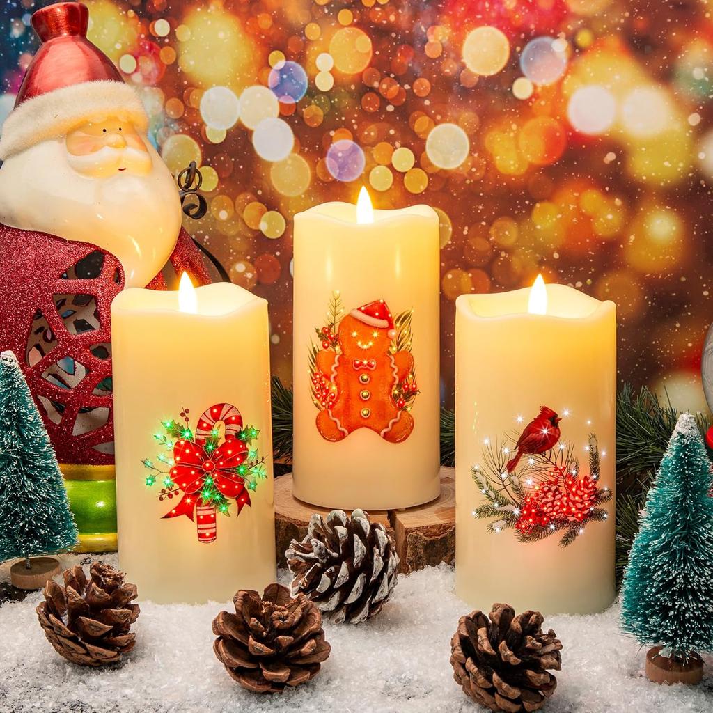 Eywamage Fiber Optic Flameless Candles with Remote, Cardinal Gingerbread Candy Canes Candles Flickering LED Pillar Candles Set of 3