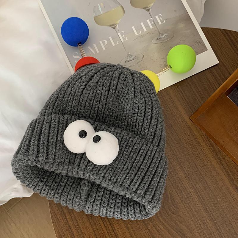 

Cartoon Big eyed Little Monster Woolen Hat for Women in Autumn and Winter Cute and Cute Funny Couple Style Knitted Hat To Show Small Face M（56-58cm）