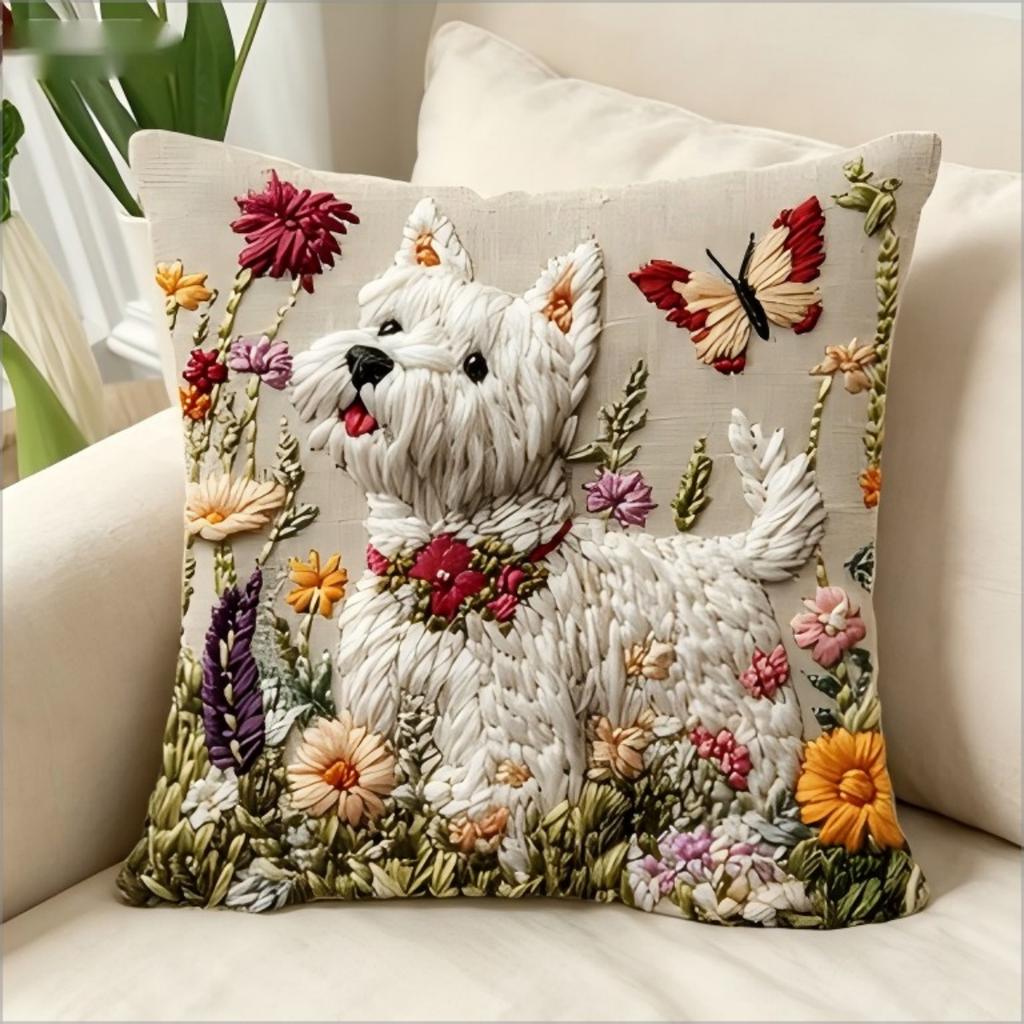 2D Westie Kissenbezug Niedlicher West Highland Terrier Mit Blumen Aufdruck Kissenhülle Für Sofa Couch Heimdekoration