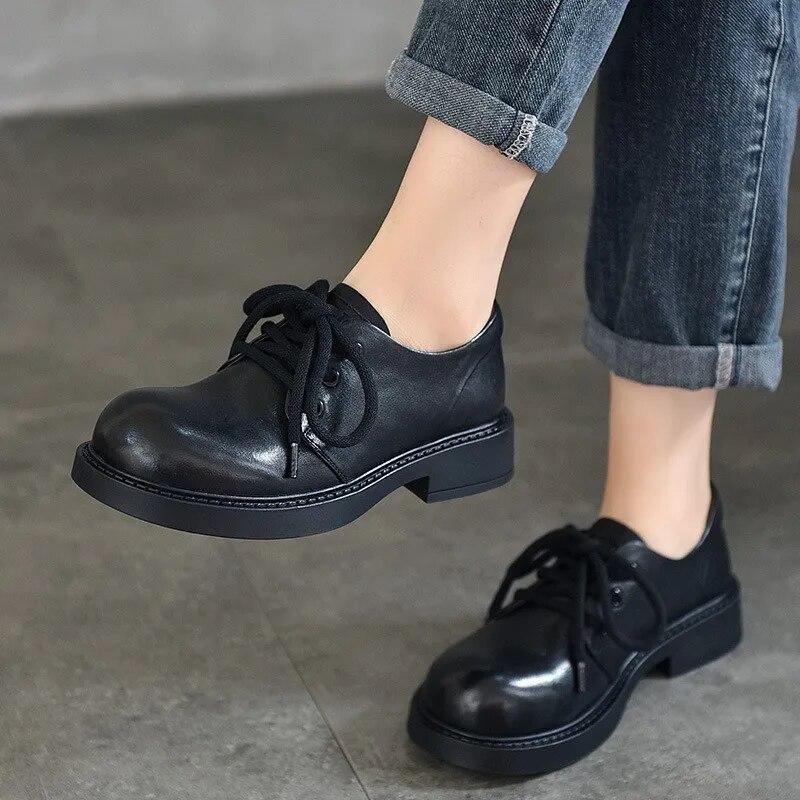 Johnature Low Heel Pumps Genuine Leather Lace-up Versatile Retro British Style Round Toe Women's Shoes