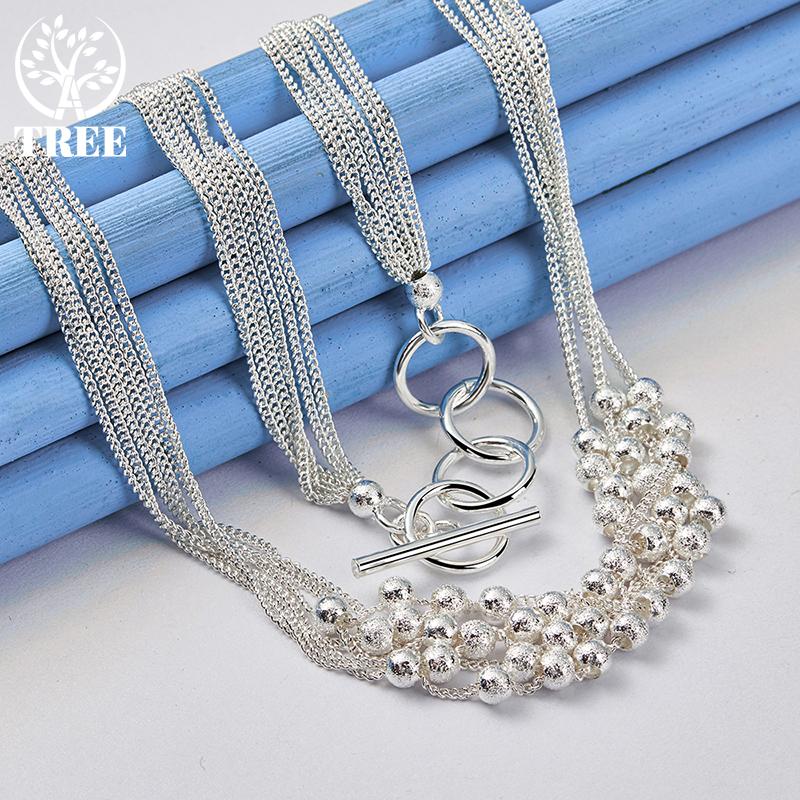 925 Sterling Silver Multi Chain Frosted Ball Grape Bead Ball Necklace Jewelry