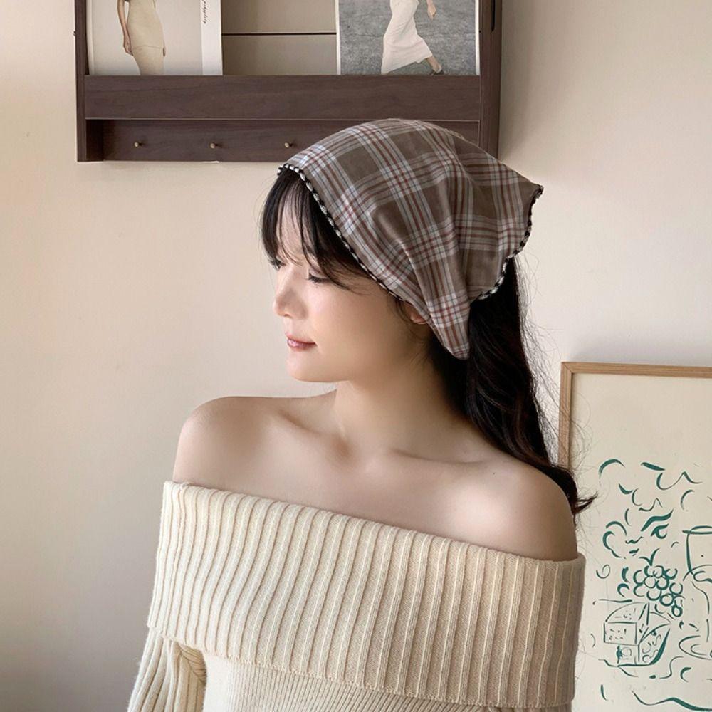 Thin Lattice Headscarf Cotton Triangular Hair Band Sweet Pastoral Style Headscarf  Summer