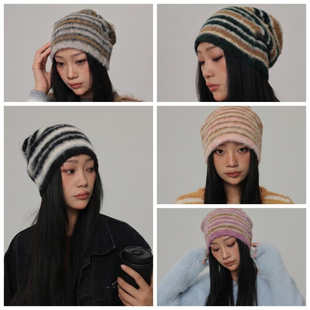 Plush Warm Skullies Hat Striped Ski Ear Protection Cap Unisex Knitted Beanies