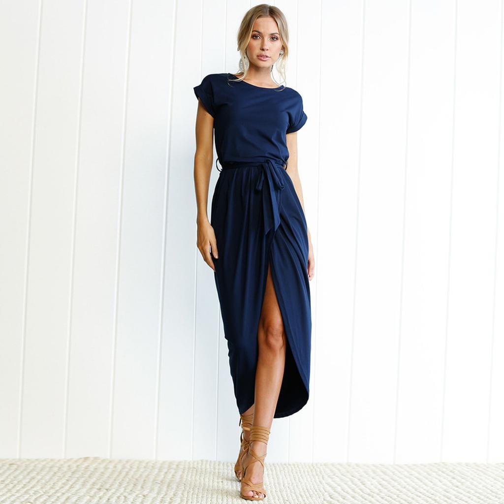 Fashionable Women'scolor Short-sleeved Round Neck Irregular Dress With Rolled-up Sleeves