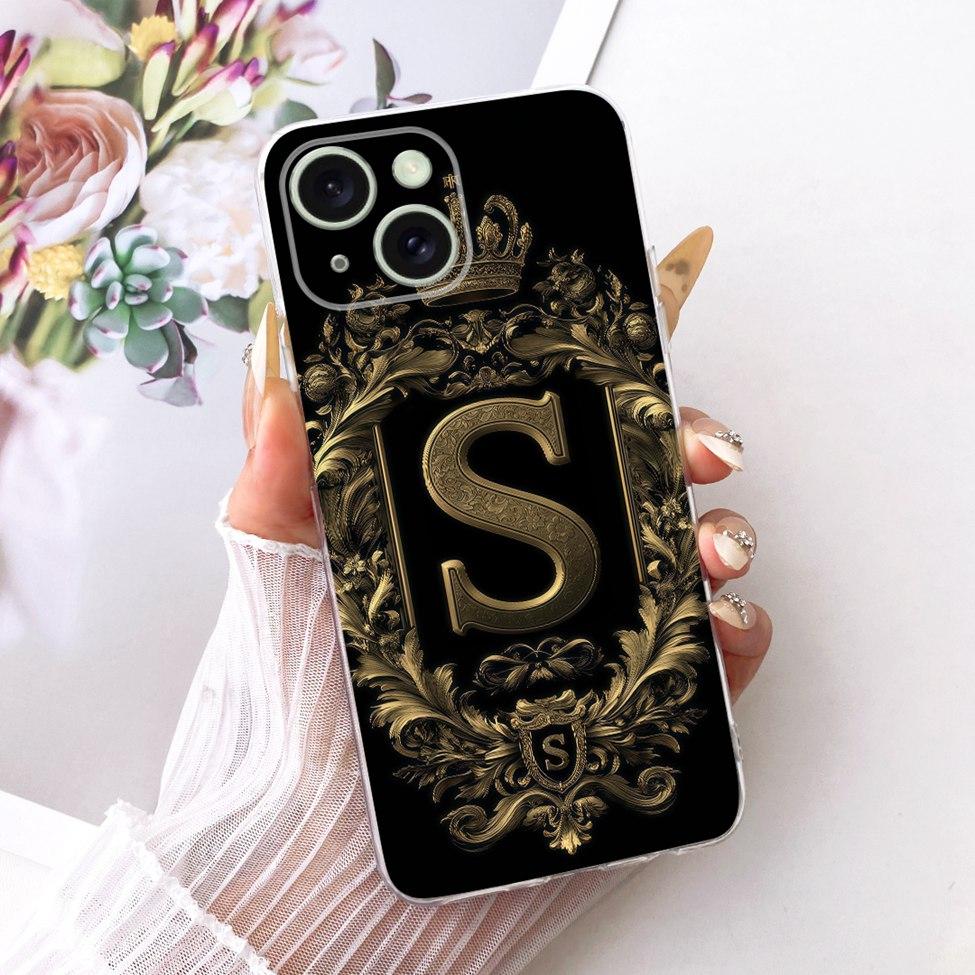 Transparent For iPhone 15 Case Cover Transparent Luxury Crown A-Z Letters 2D Flat Pattern Soft Casing A3092 A3090 A2846 A3089