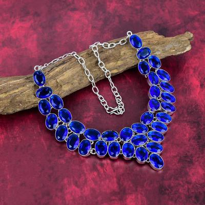 Blue Sapphire Necklace, Handmade Gemstone Necklace, 925 Solid Sterling Silver Necklace Antique Jewelry, For Engagement Gift
