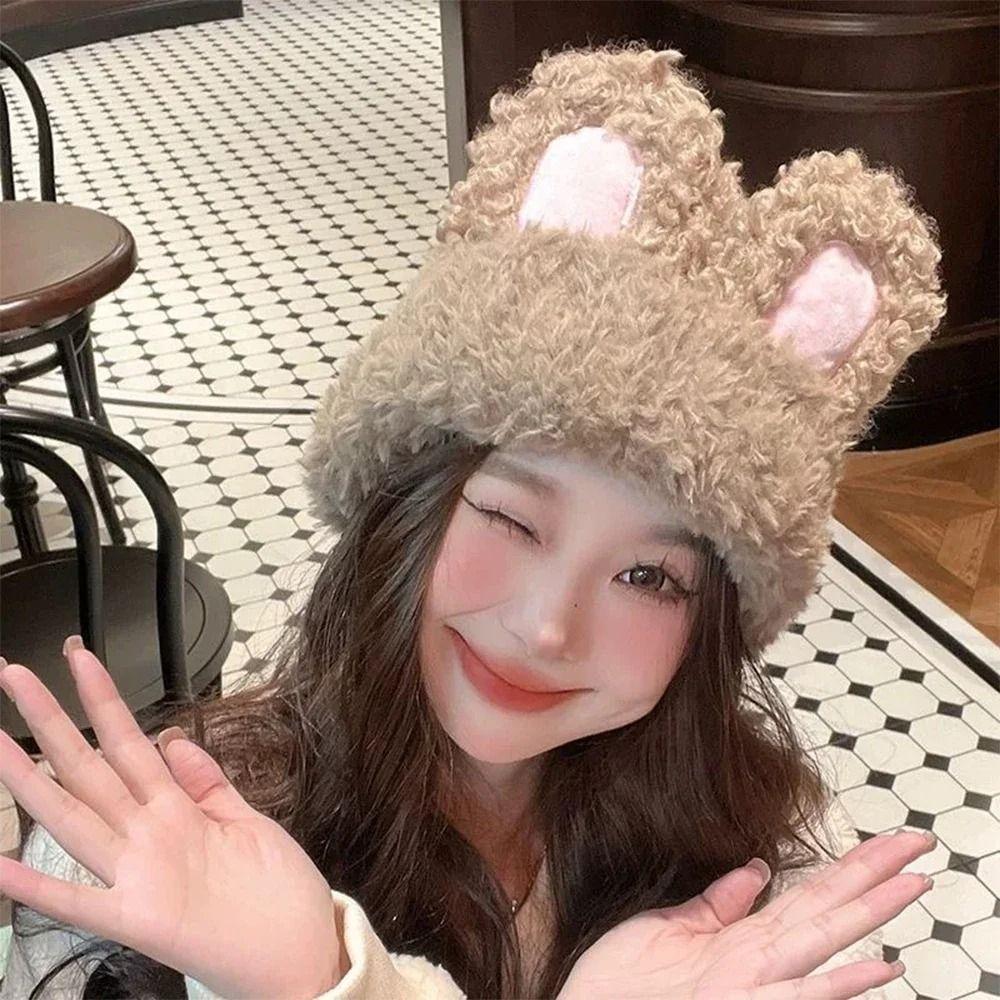 Fluffy Knitted Plush Hat Solid Color Winter Outdoor Warm Cap Rabbit Ear Beanies  Winter Season