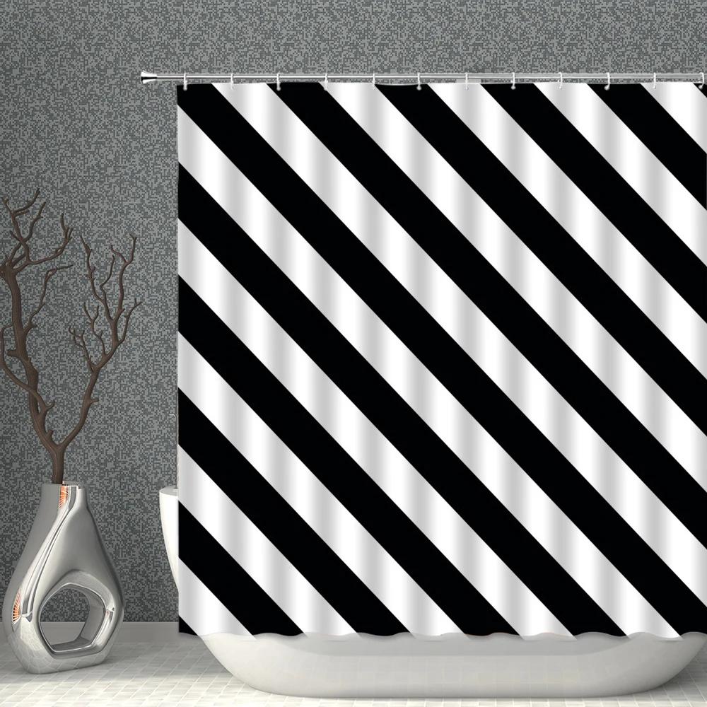 

Black And White Shower Curtain Waterproof Fabric Stripe Bathroom Curtains Set Leaf Bath Screen Bathtub Partition Home Decoration W90XH180cm