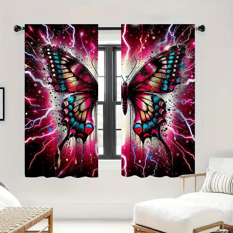 2PC Butterfly Curtain Set, Vivid Color Wings with  Effect On Dark Background, Mystical Drapes for Living Room & Bedroom Decor