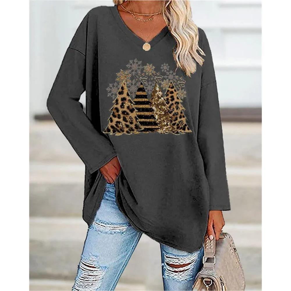 Spring and Autumn V-neck 3D Christmas Theme Printed Top Fashionable Casual Long Sleeved Women's T-shirts