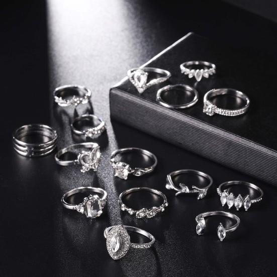 15Pcs/Set Finger Ring Individuality Creative Alloy Different Patterns Rhinestone Rings for Daily Life