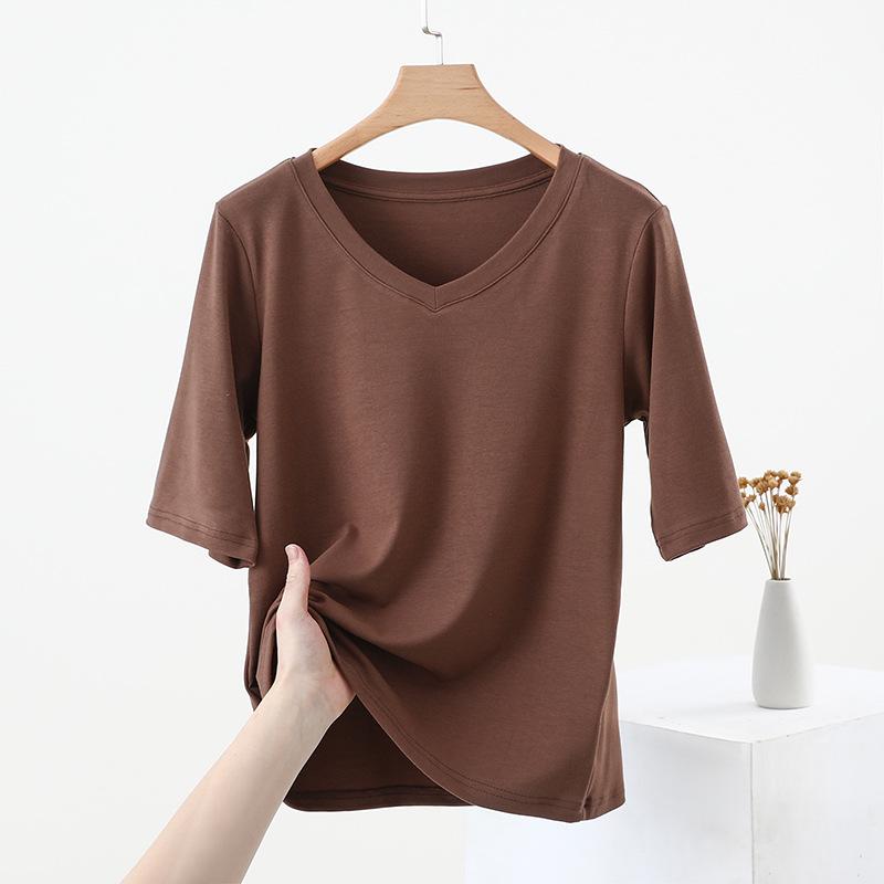 Women's V-Neck Mid-Sleeve Cotton T-Shirt - 2025 Spring/Summer Collection, Fitted Waist, Solid Color