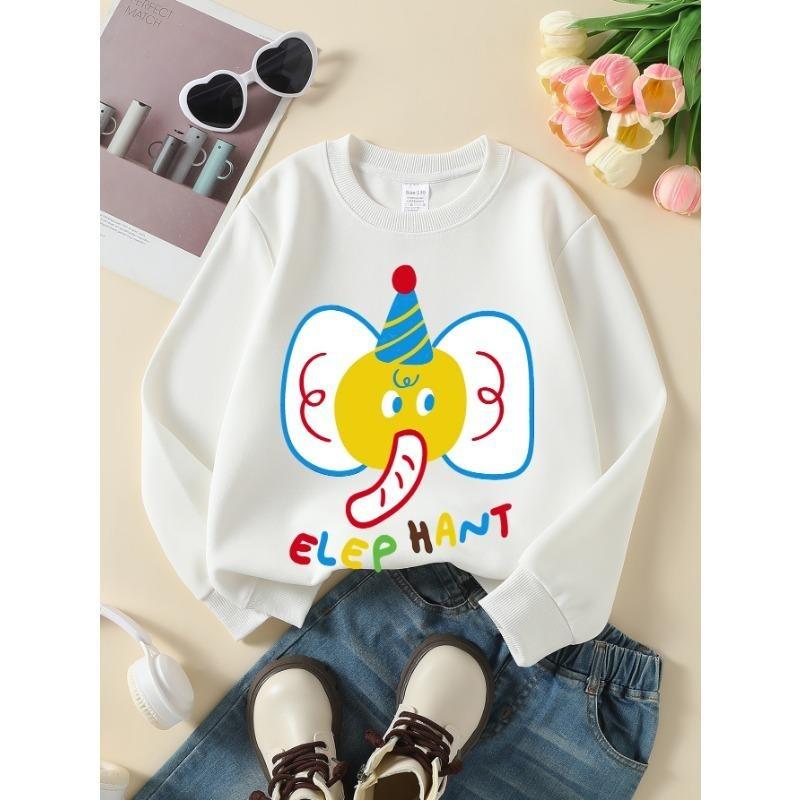 European sizes Kids Sweatshirts, Girls' Autumn Winter Cute Elephant with Party Hat Print Long Sleeve Round Neck Sweatshirt, Casual Daily Wear.