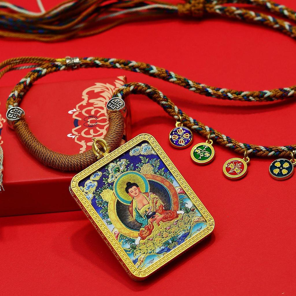 Regong Hand-Painted Gold-Inlaid Eight Protectors Thangka Zodiac Buddha Amulet Necklace Pendant