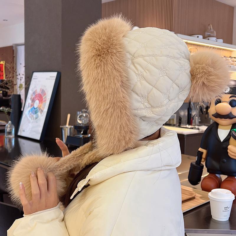 

Теплая шапка-ушанка в корейском стиле для женщин на осень и зиму, плюшевая шапка с меховыми помпонами-ушками, утолщенная с бархатной подкладкой, для защиты ушей при езде на велосипеде one size