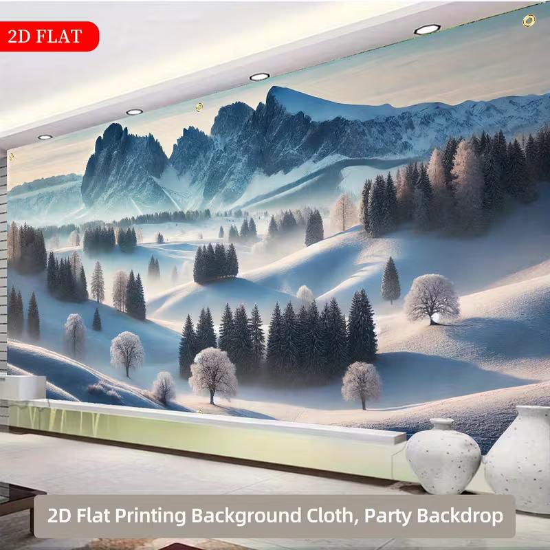 2D Snowy Mountain Garage Door Backdrop, Winter Wonderland Landscape Background Cloth