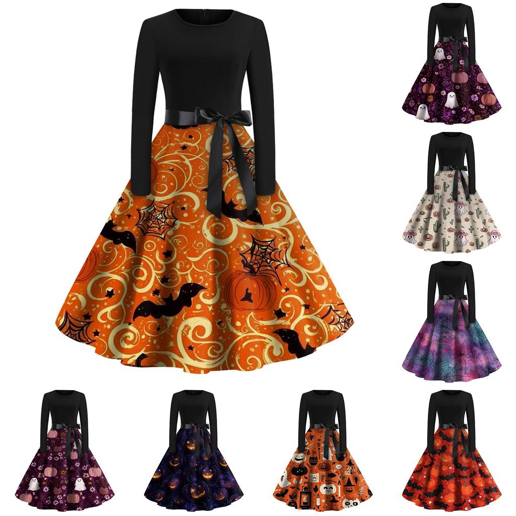 Women's Casual Fashion Halloween Printed Round Neck Vintage Dress