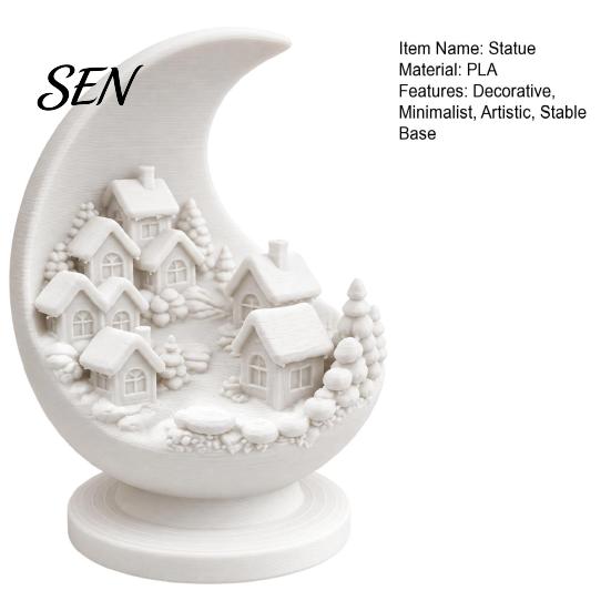 Crescent Snow Village Statue 3D Printed Moon and Snowy Figurine, Mini House Winter Theme Interior Decor with Stable Base, Decorative Sculpture