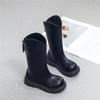 Kids Casual Mid-Calf Leather Boots with Round Toe and Back Zipper