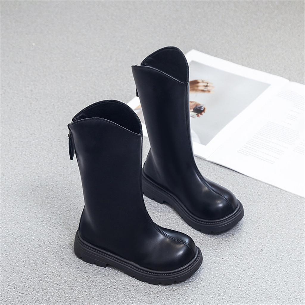 Kids Casual Mid-Calf Leather Boots with Round Toe and Back Zipper